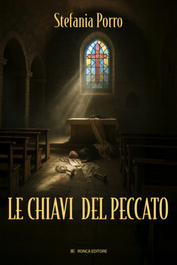 Copertina del romanzo con la scena del delitto dove si vede il prete accasciato davanti all'altare con tutti i paramenti sparsi per terra e un raggio di luce che entra da una colorata finestra dietro l'altare. Atmosfera nel complesso abbastanza tetra